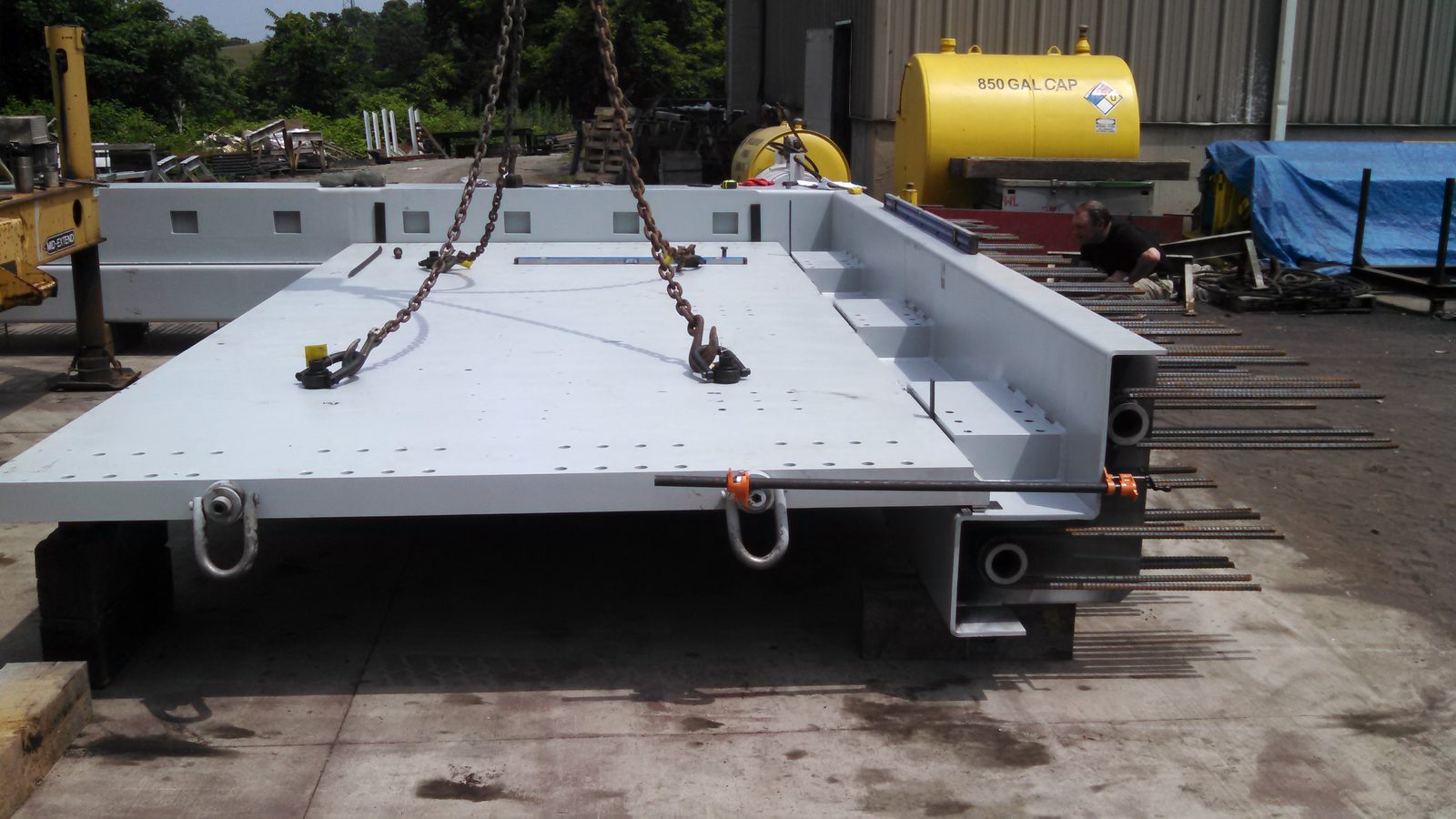 Structural steel skid base being rigged for shipment